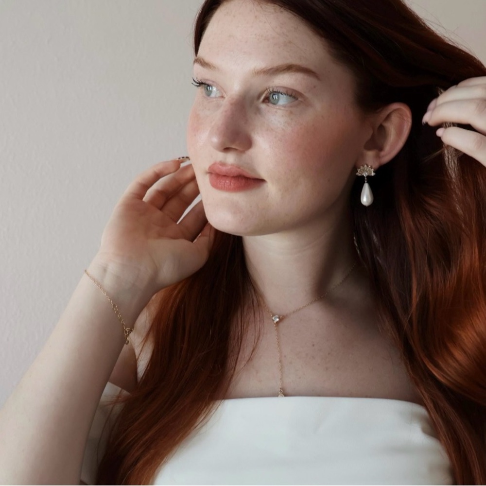 Teardrop Pearl Bridal Earrings, Wedding Dangle, CZ Fan, Diamond Crown, Elegant